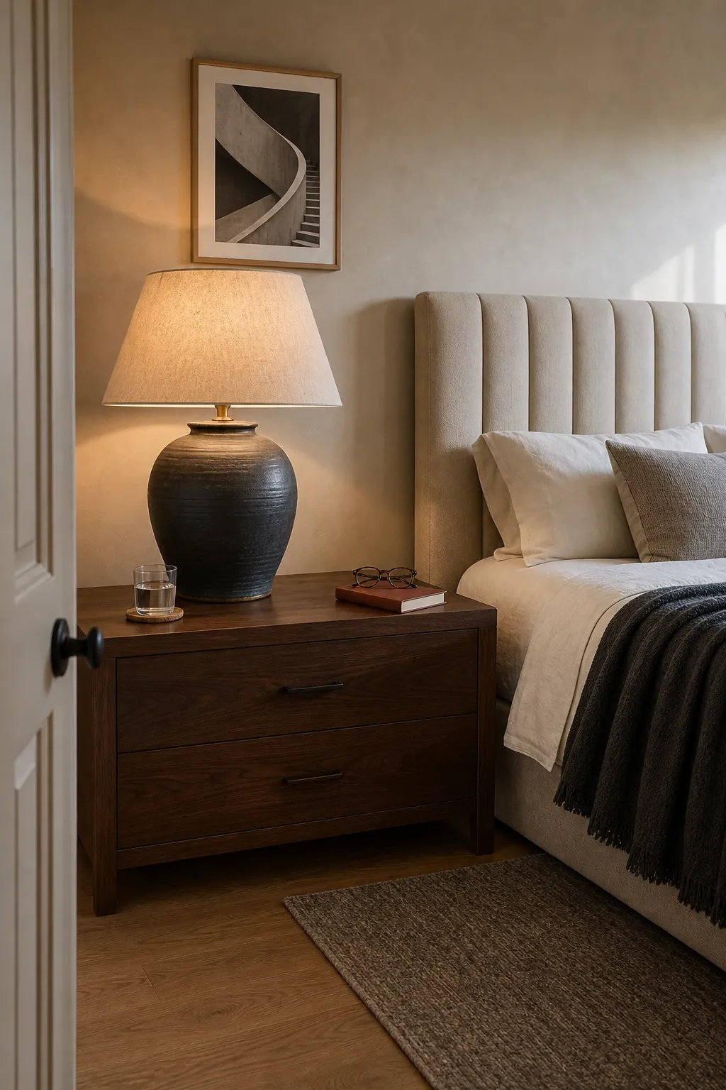 Well-proportioned large table lamp on a wide bedroom nightstand