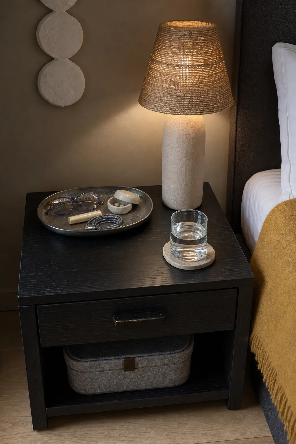 Table lamp and shallow tray organizing everyday nightstand essentials