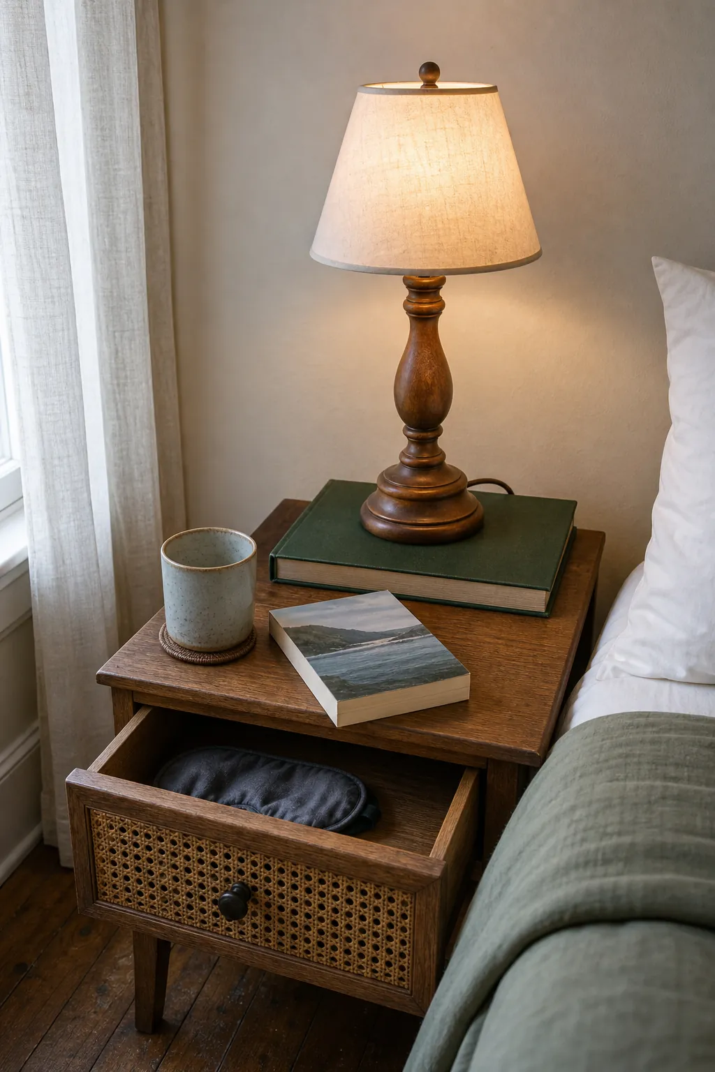 Bedside table lamp raised safely on one clothbound book