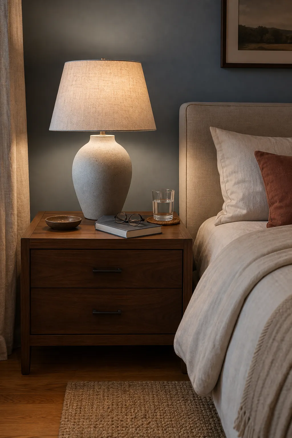 Well-proportioned table lamp on a calm functional nightstand