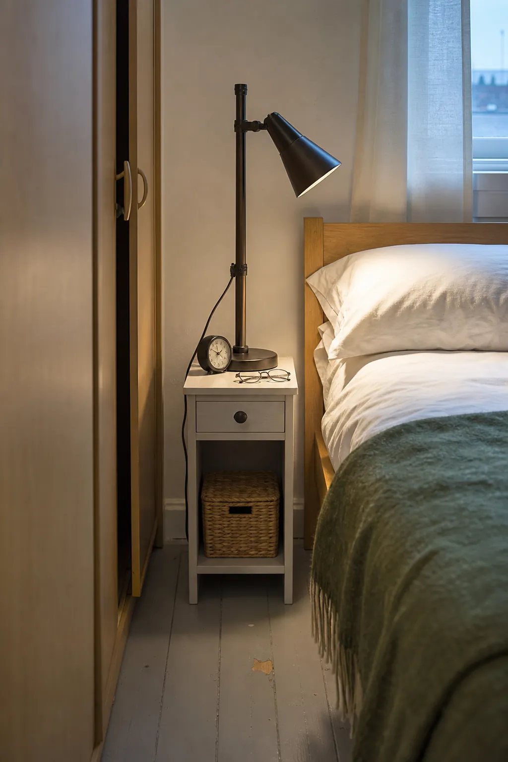 Slender bedside table lamp styled on a narrow nightstand