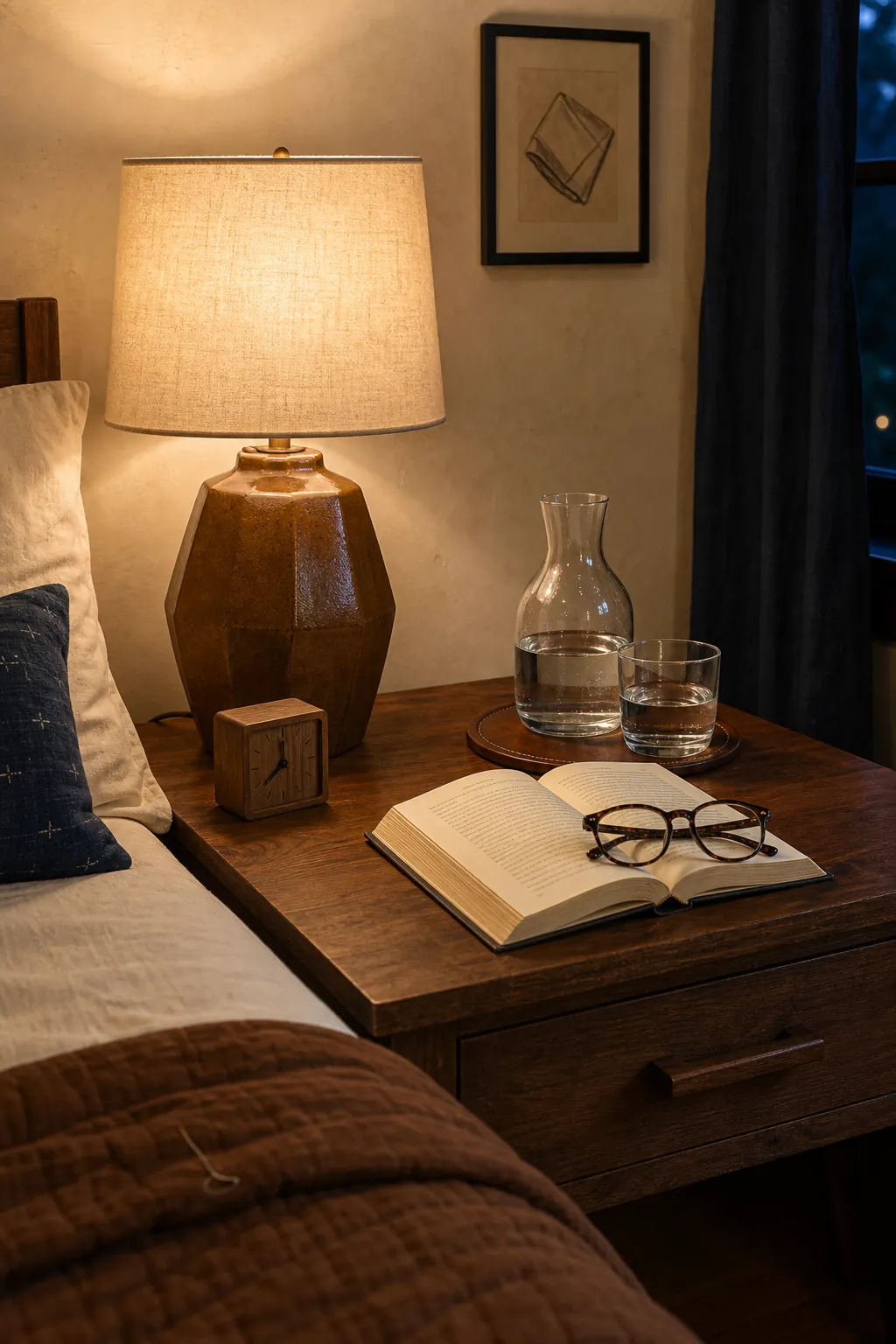 Bedside table lamp styled with water carafe, book, and reading glasses