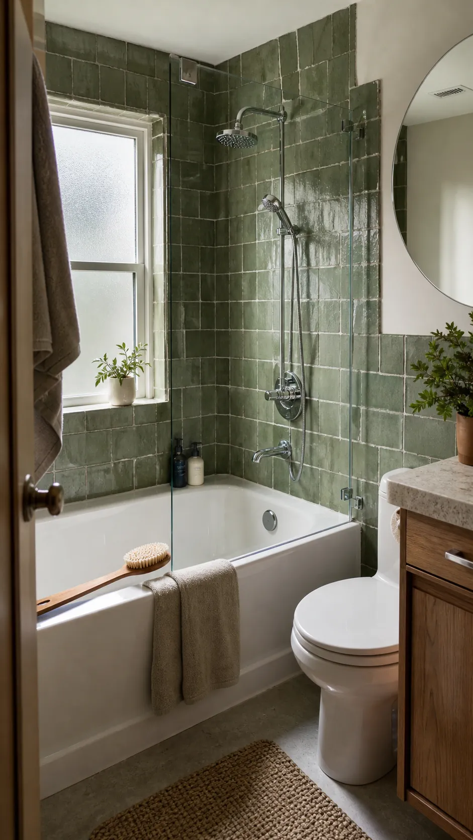Tiled tub shower combo with handmade green tile