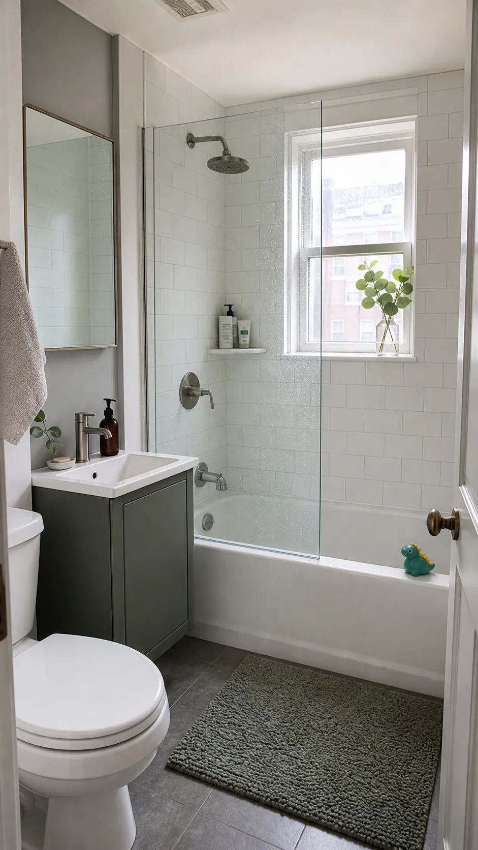Small bathroom tub shower combo with a frameless half-screen