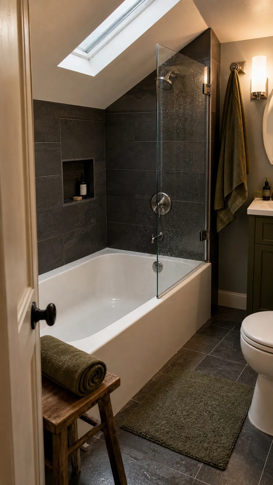 Small bath tub shower combo with charcoal tile and white tub