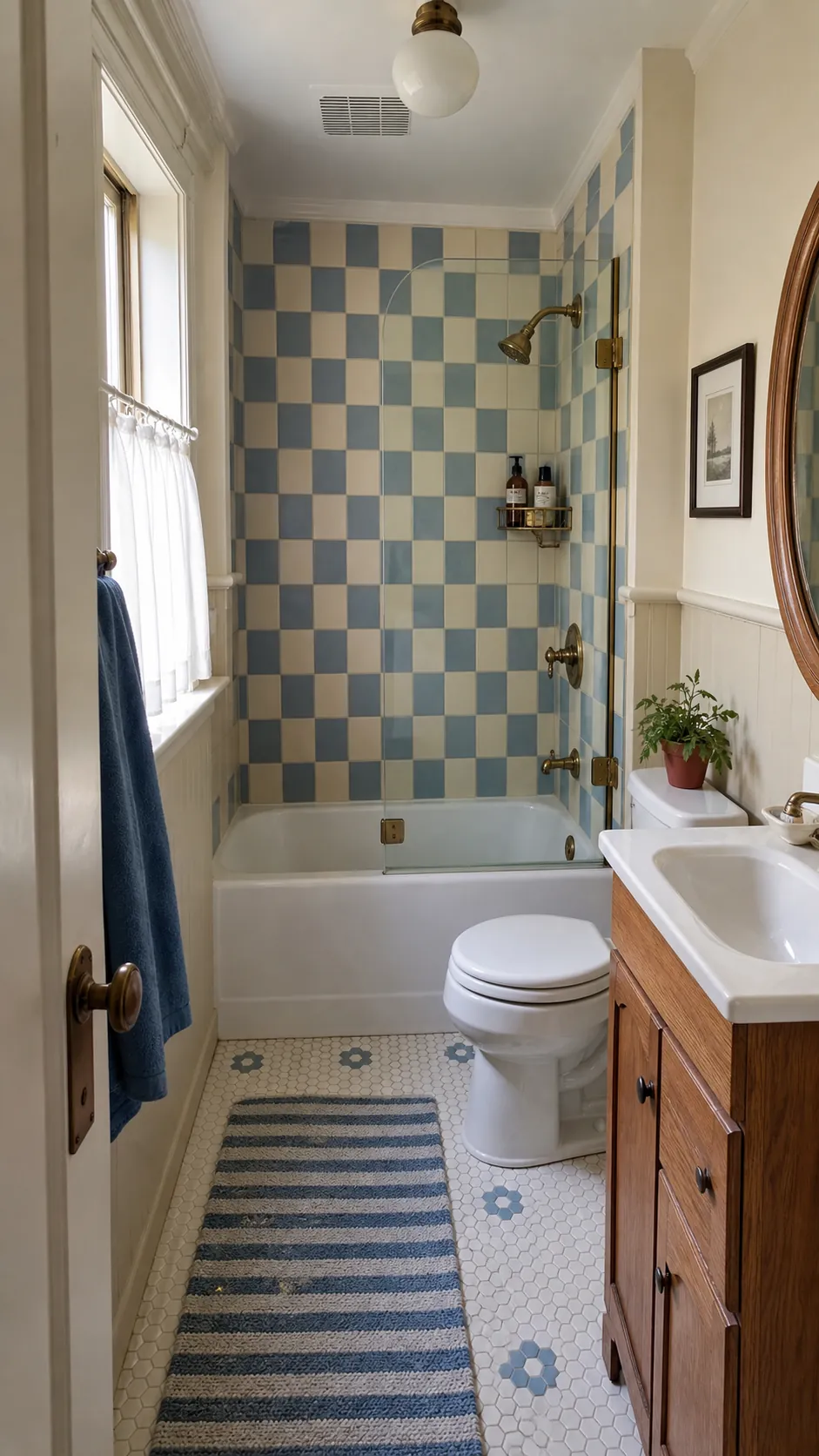 Small bathroom tub and shower combo with checkerboard tile