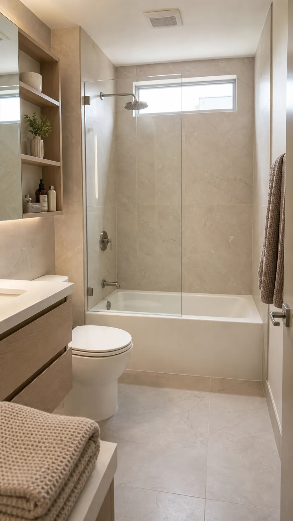 Modern bathtub shower combo with large-format stone-look porcelain