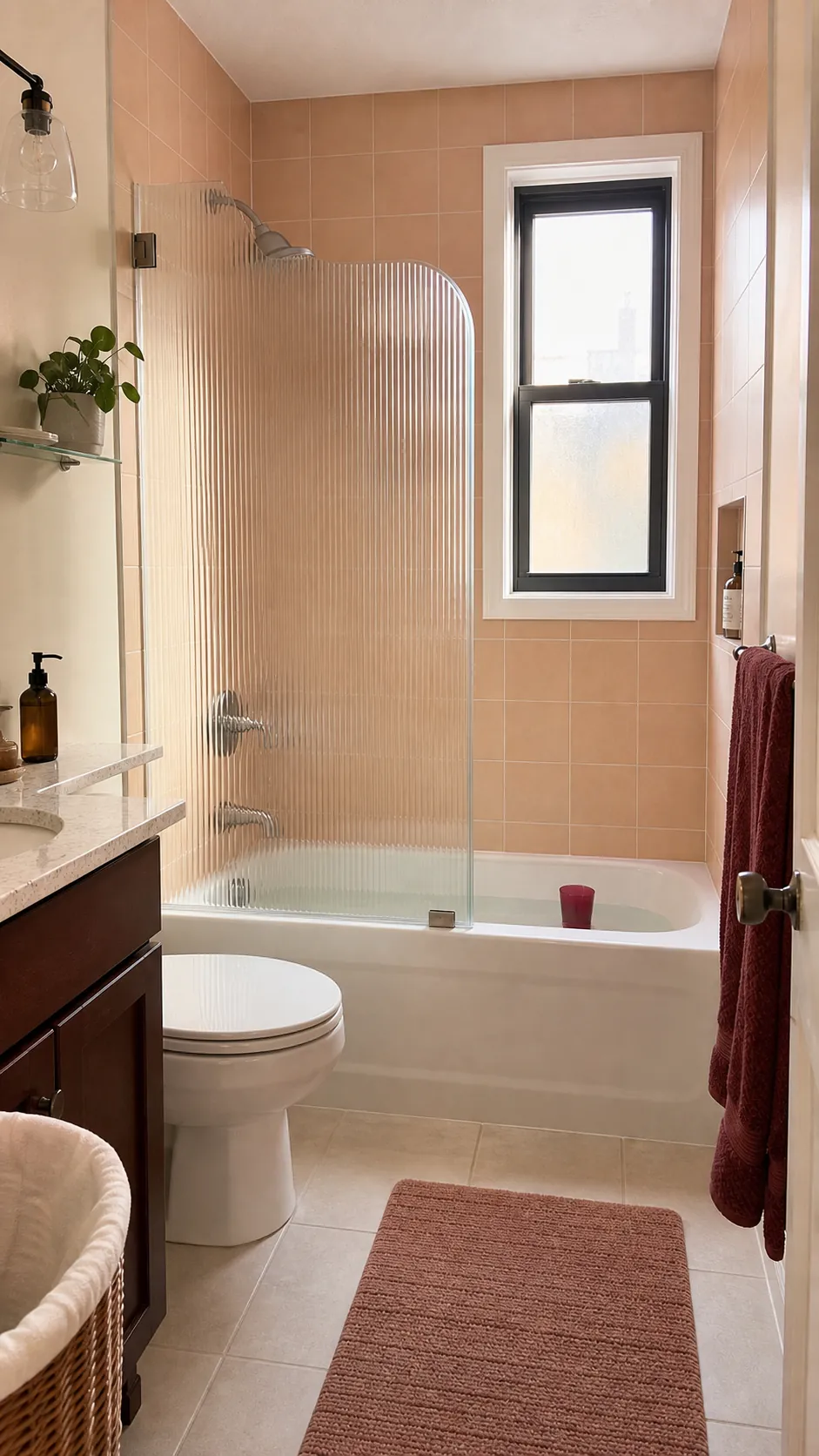 Family bathroom tub shower combo with fluted glass screen