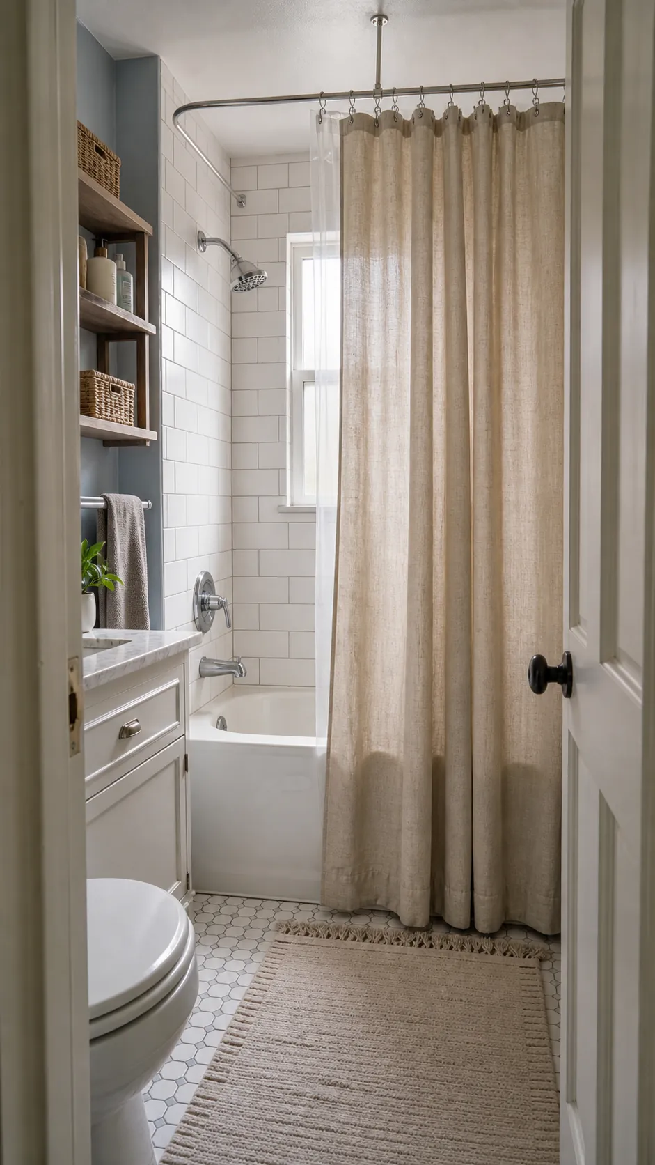 Small bathroom with tub and ceiling-mounted shower curtain