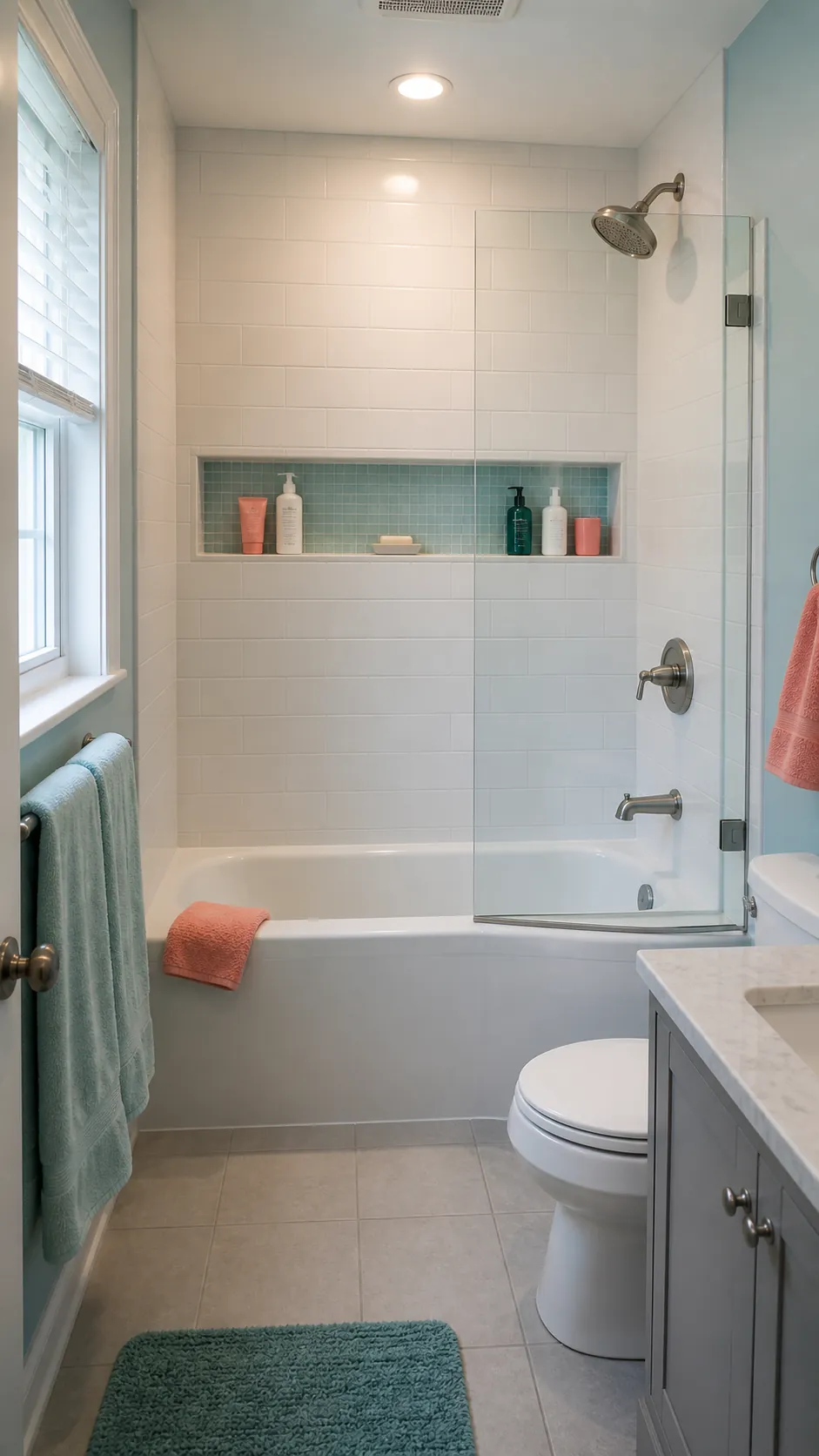 Tub shower combination with a long recessed storage niche