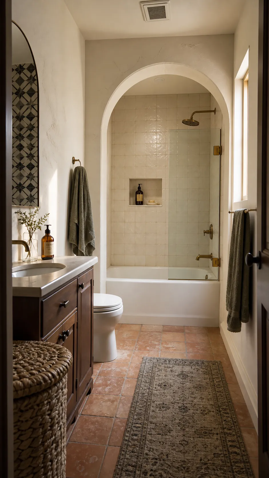 Arched alcove over a small tub and shower combination