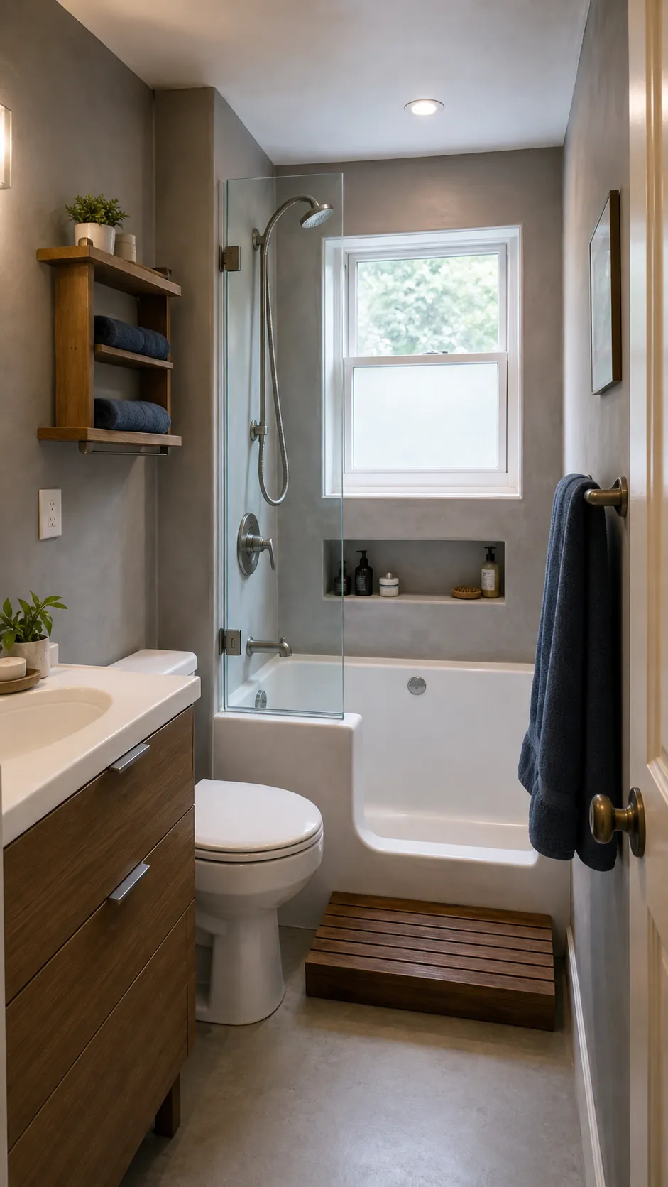 Very small bathroom with a compact deep tub and shower