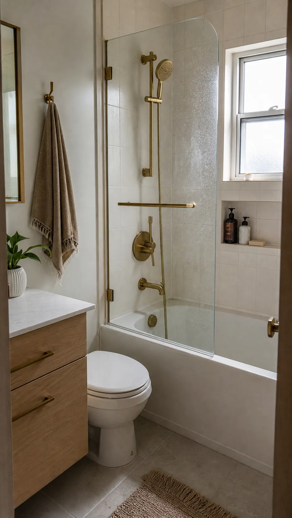 Modern small bathtub shower combo with wall-mounted controls
