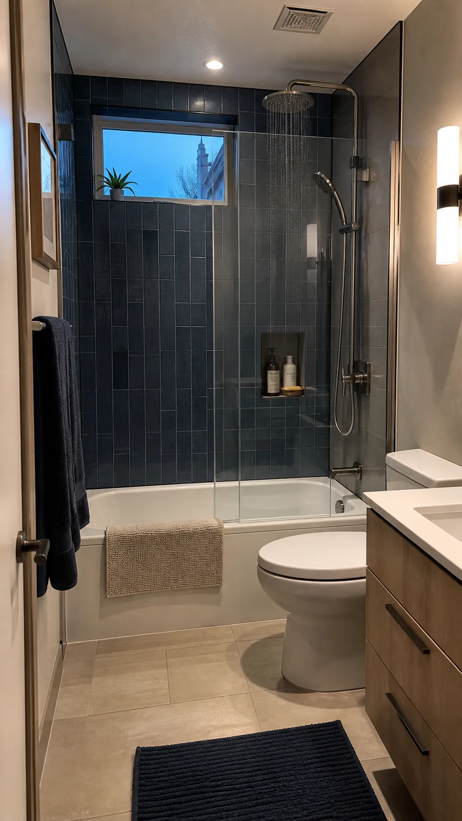 Modern bathtub shower combo with rain head and hand shower
