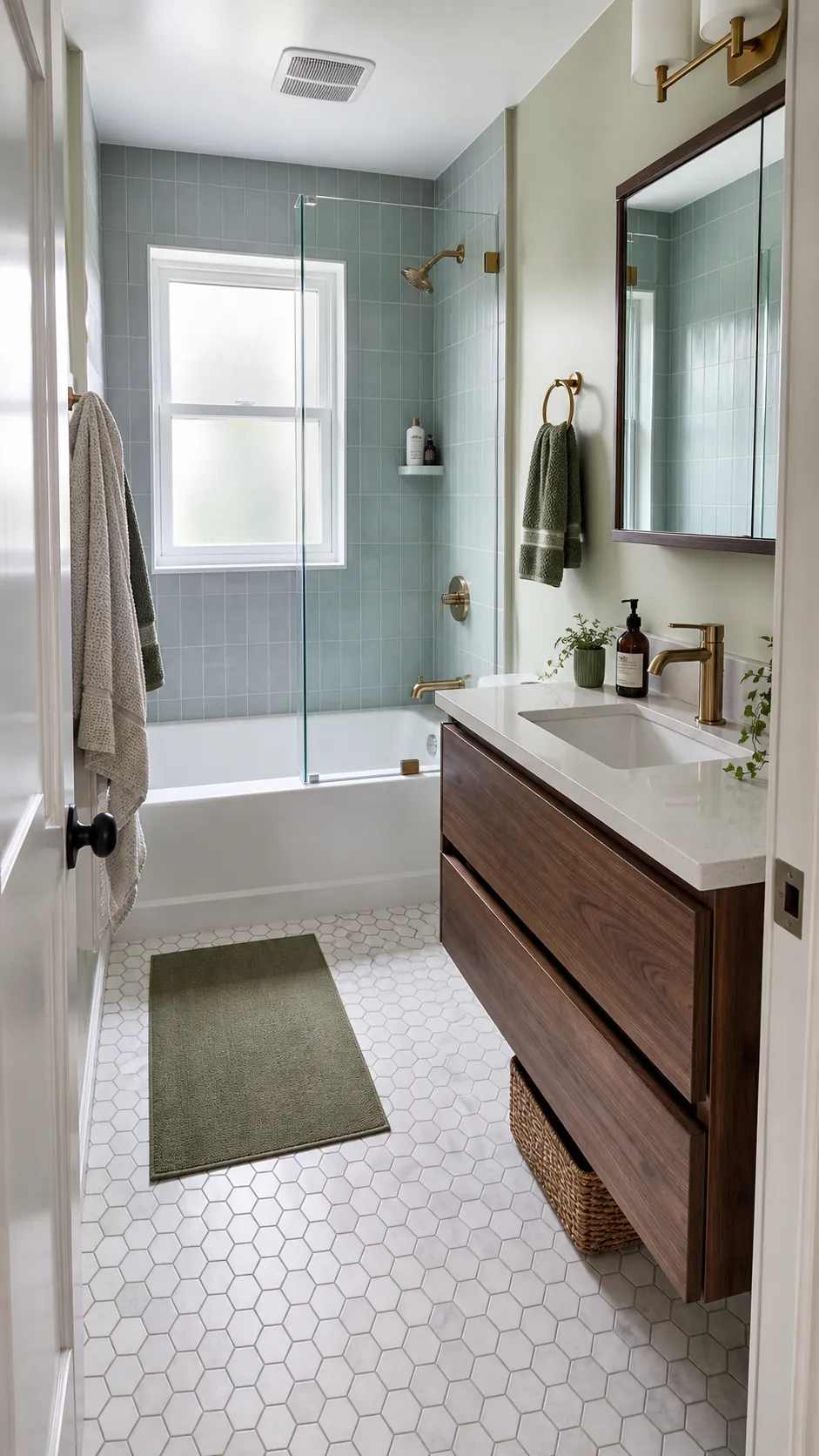 Small bathroom tub shower combo beside a floating vanity