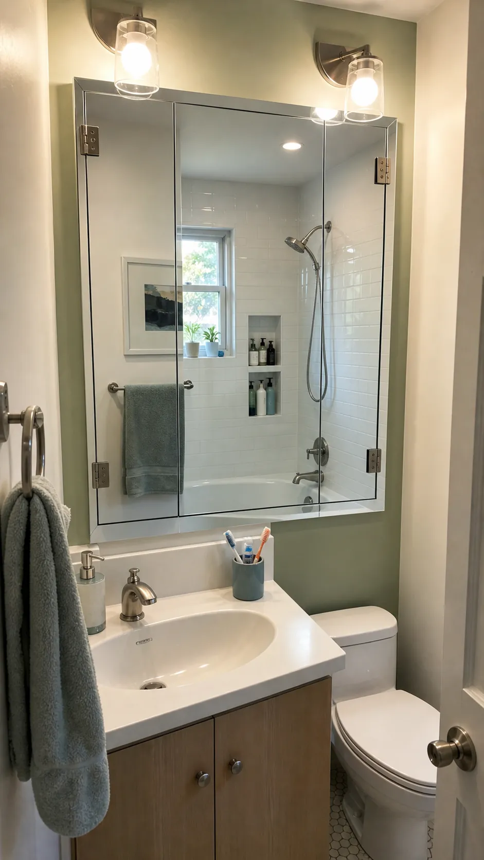 Compact bathroom with mirrored storage and tub shower combo