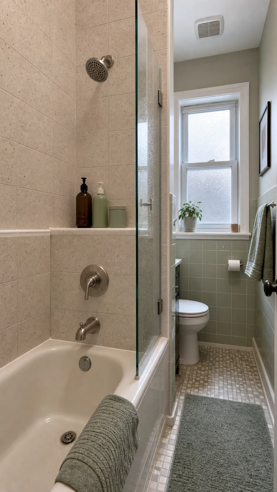 Small bathtub shower combo with a slim tiled storage ledge