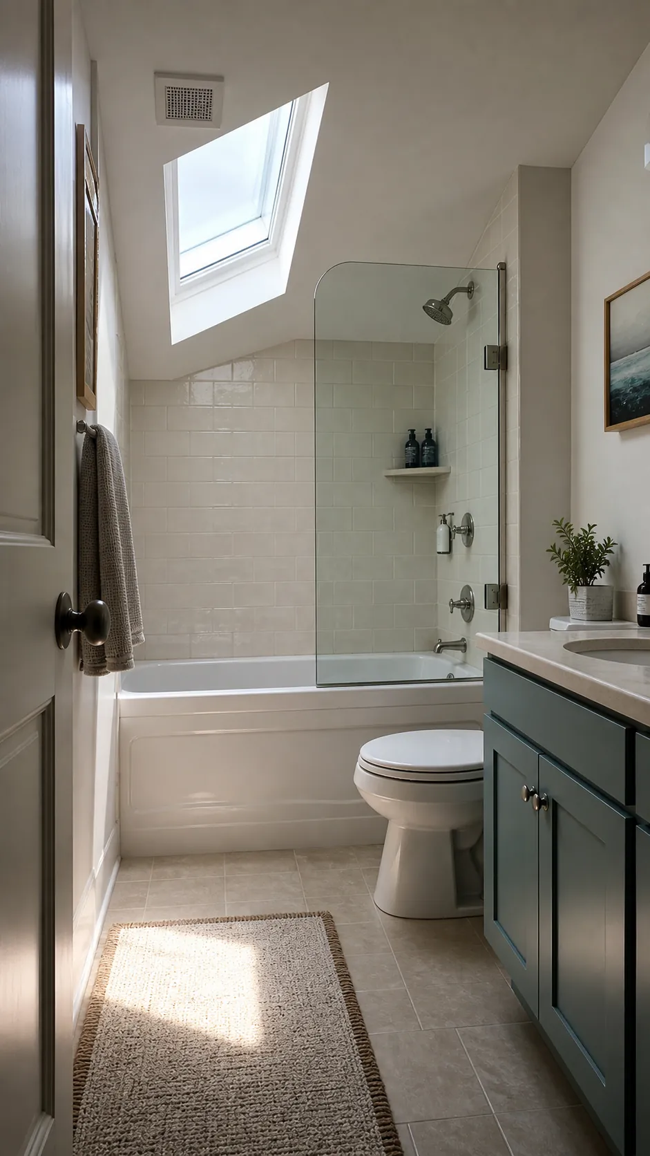 Small tub and shower combination illuminated by a skylight