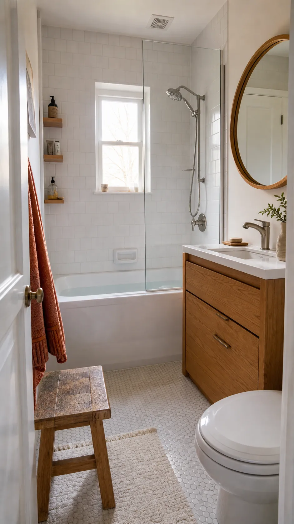 White tub shower combo with warm oak accents in a small bathroom