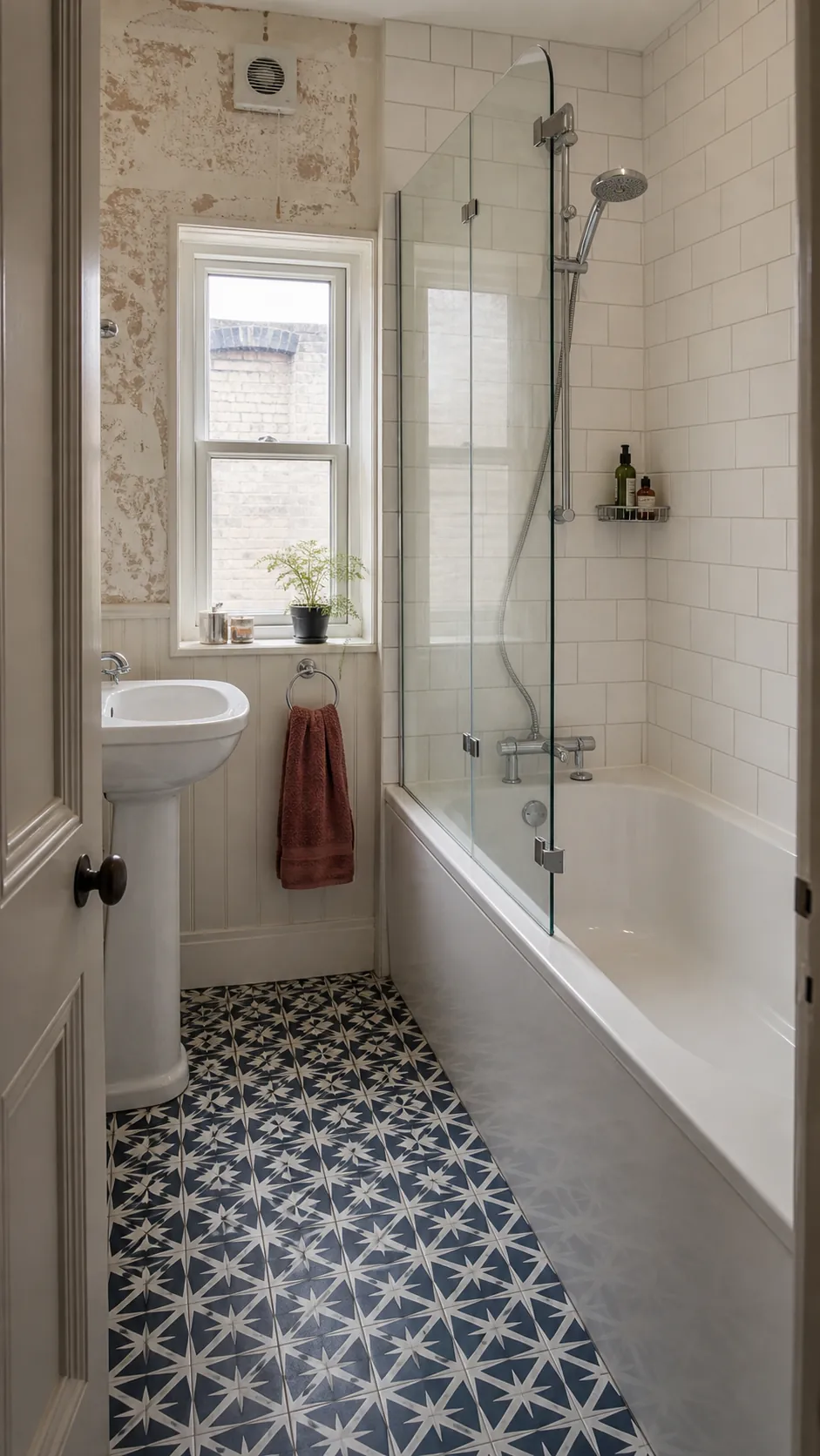 Small bathroom tub shower combo with a bold patterned floor