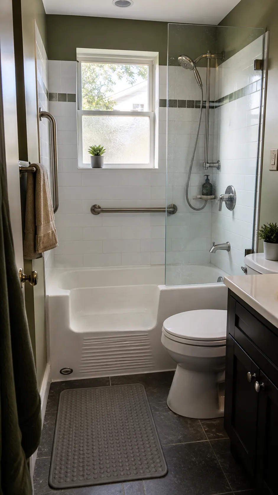 Accessible small tub shower combo with an integrated grab rail