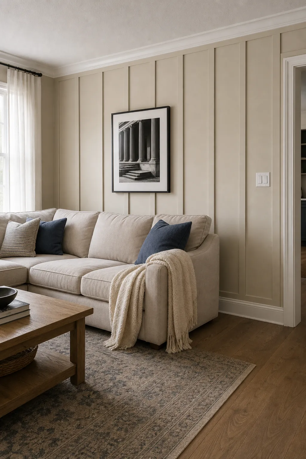 Oatmeal Living Room Feature Wall beige board and batten interior idea