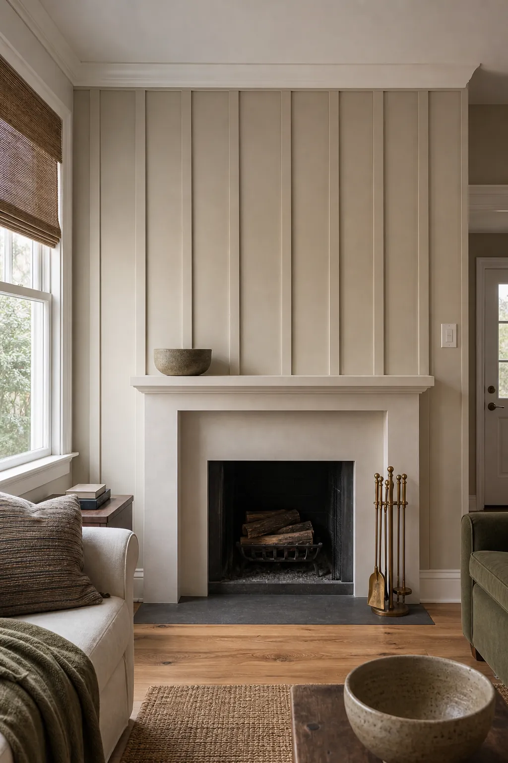 Limestone-Toned Fireplace Surround beige board and batten interior idea
