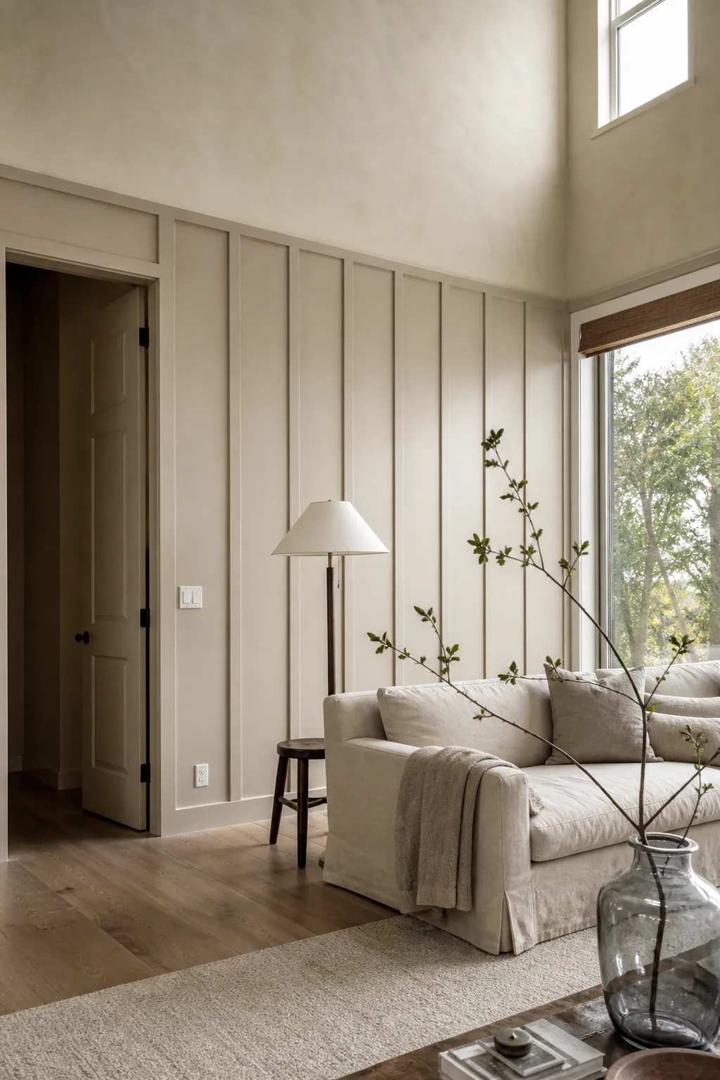 Warm beige board and batten wall ideas in a refined lived-in interior
