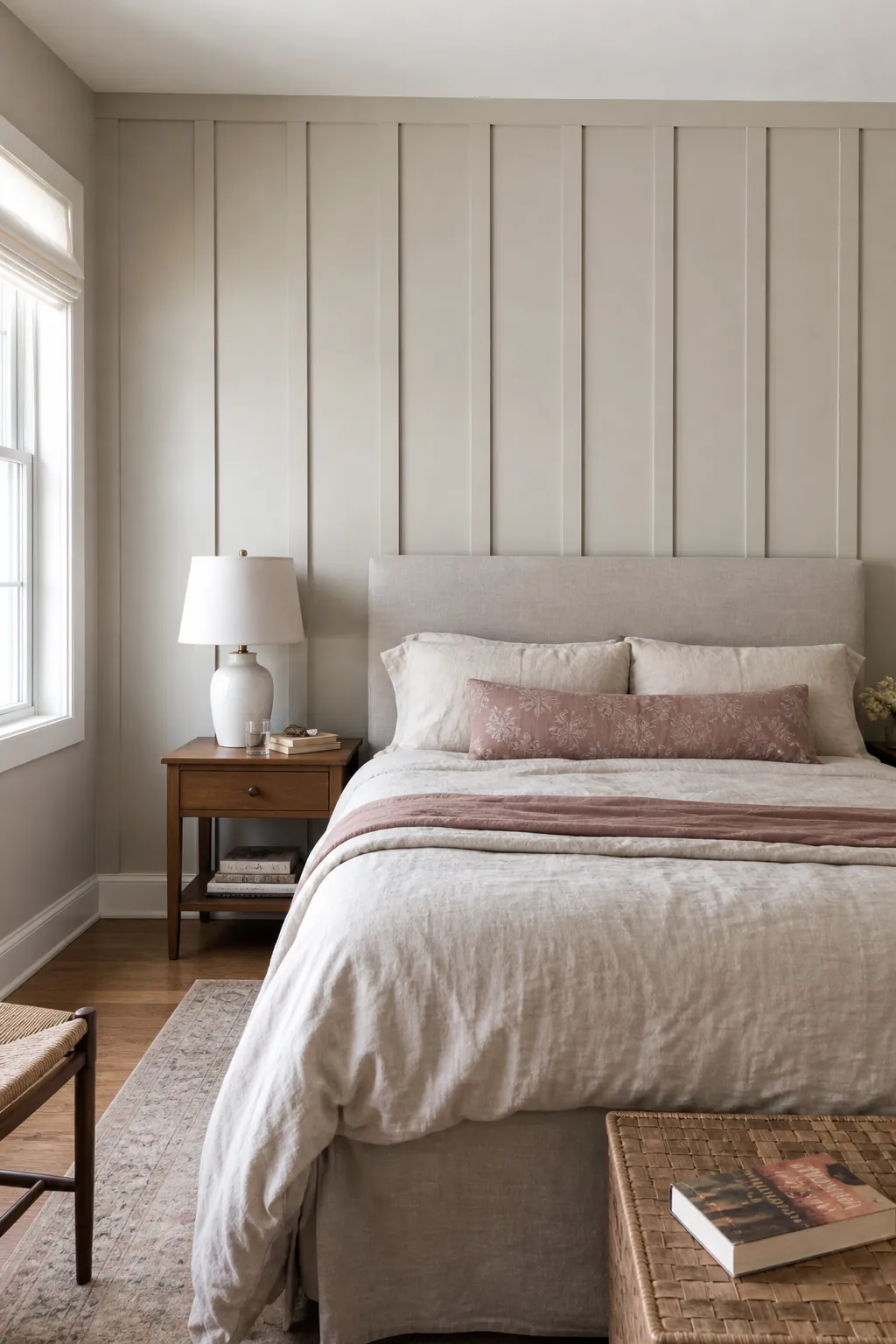 Putty Beige Bedroom Headboard Wall beige board and batten interior idea