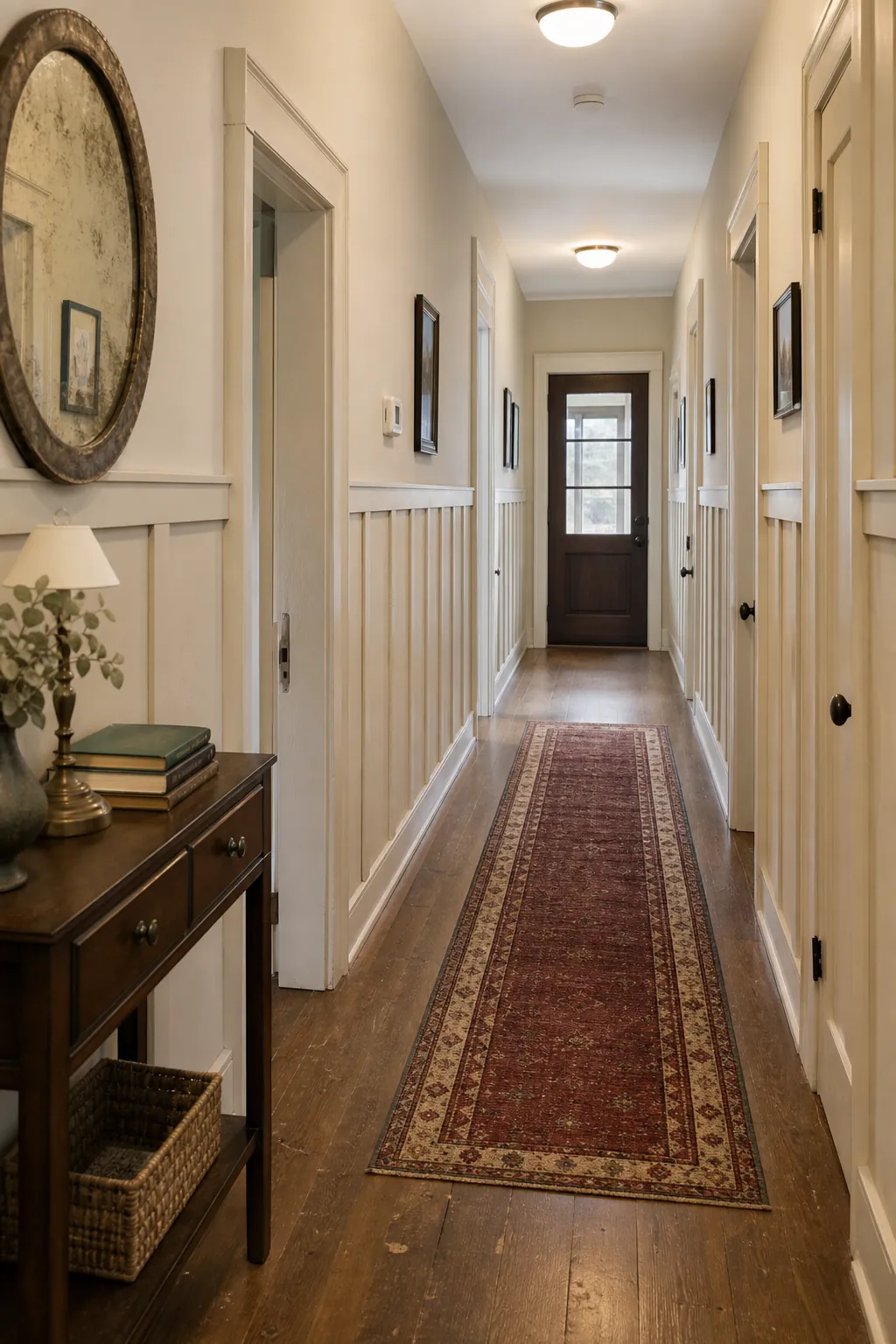 Biscuit Beige Hallway Wrap beige board and batten interior idea
