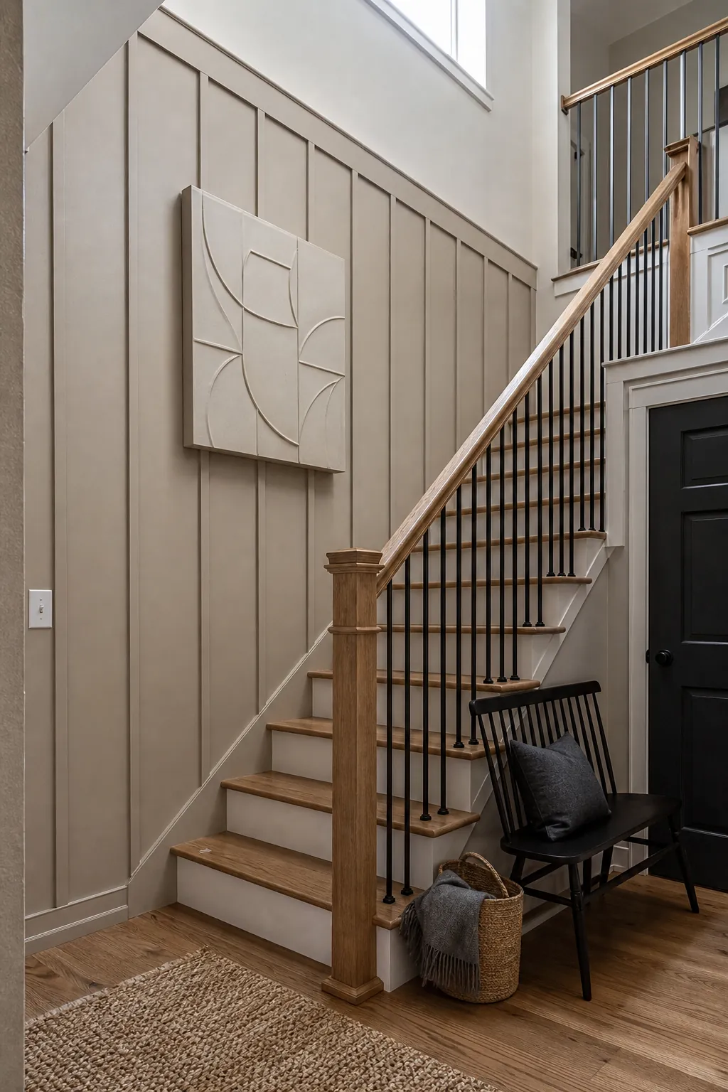 Taupe Staircase Paneling beige board and batten interior idea