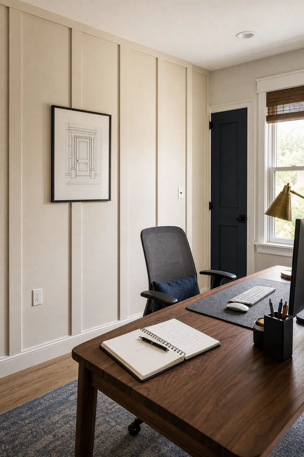 Creamy Beige Home Office Grid beige board and batten interior idea