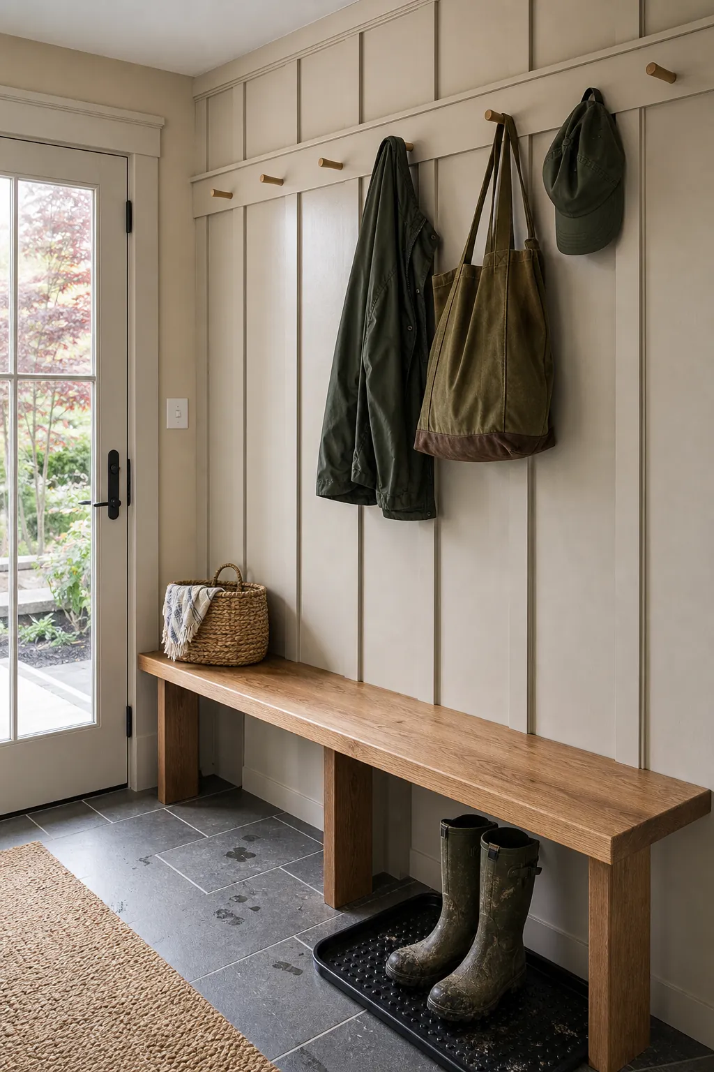Stone Beige Mudroom Bench Wall beige board and batten interior idea