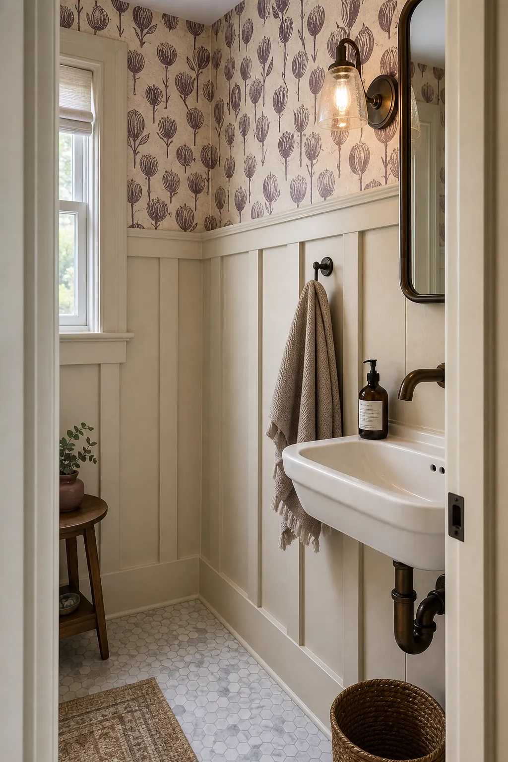 Parchment Beige Powder Room beige board and batten interior idea