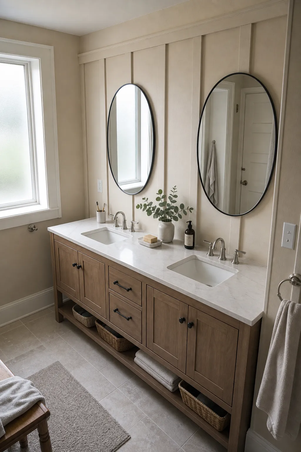 Travertine Beige Bathroom Paneling beige board and batten interior idea