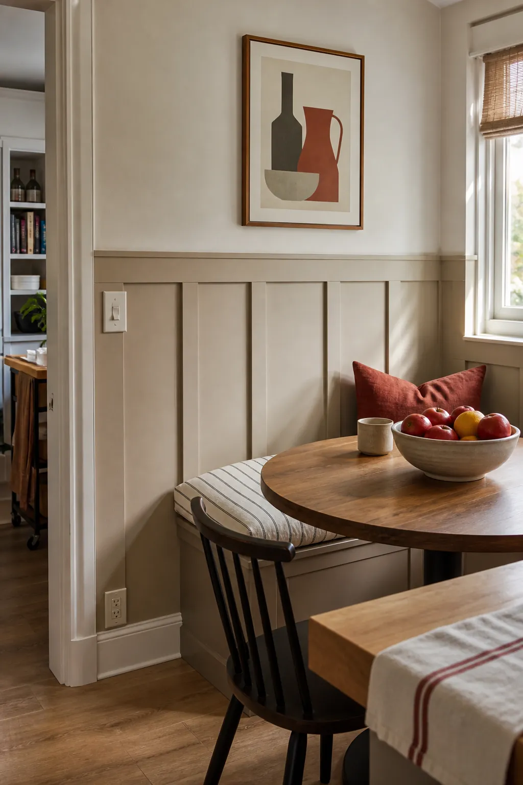 Cafe au Lait Kitchen Banquette beige board and batten interior idea