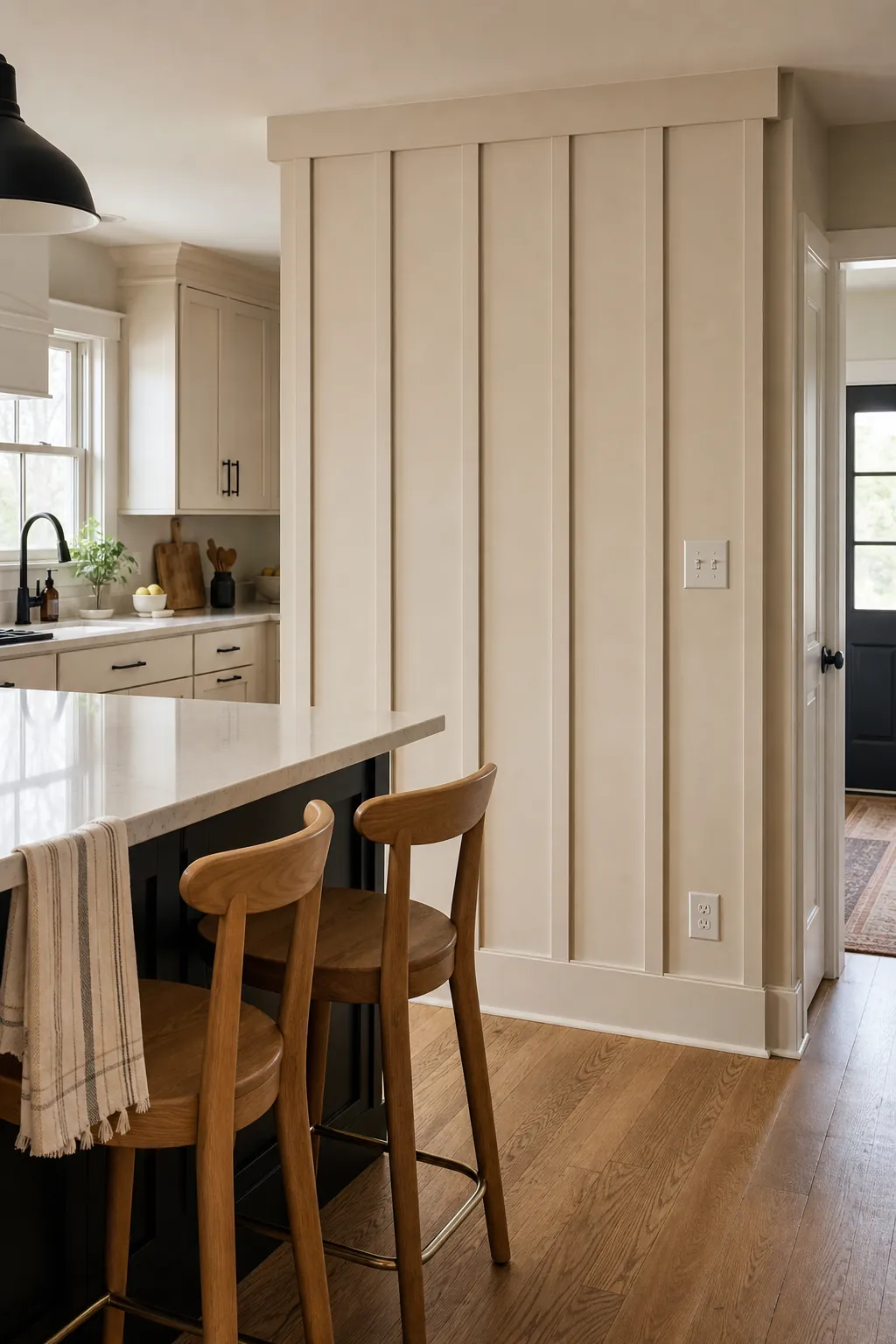 Flax Beige Open Kitchen Island Wall beige board and batten interior idea