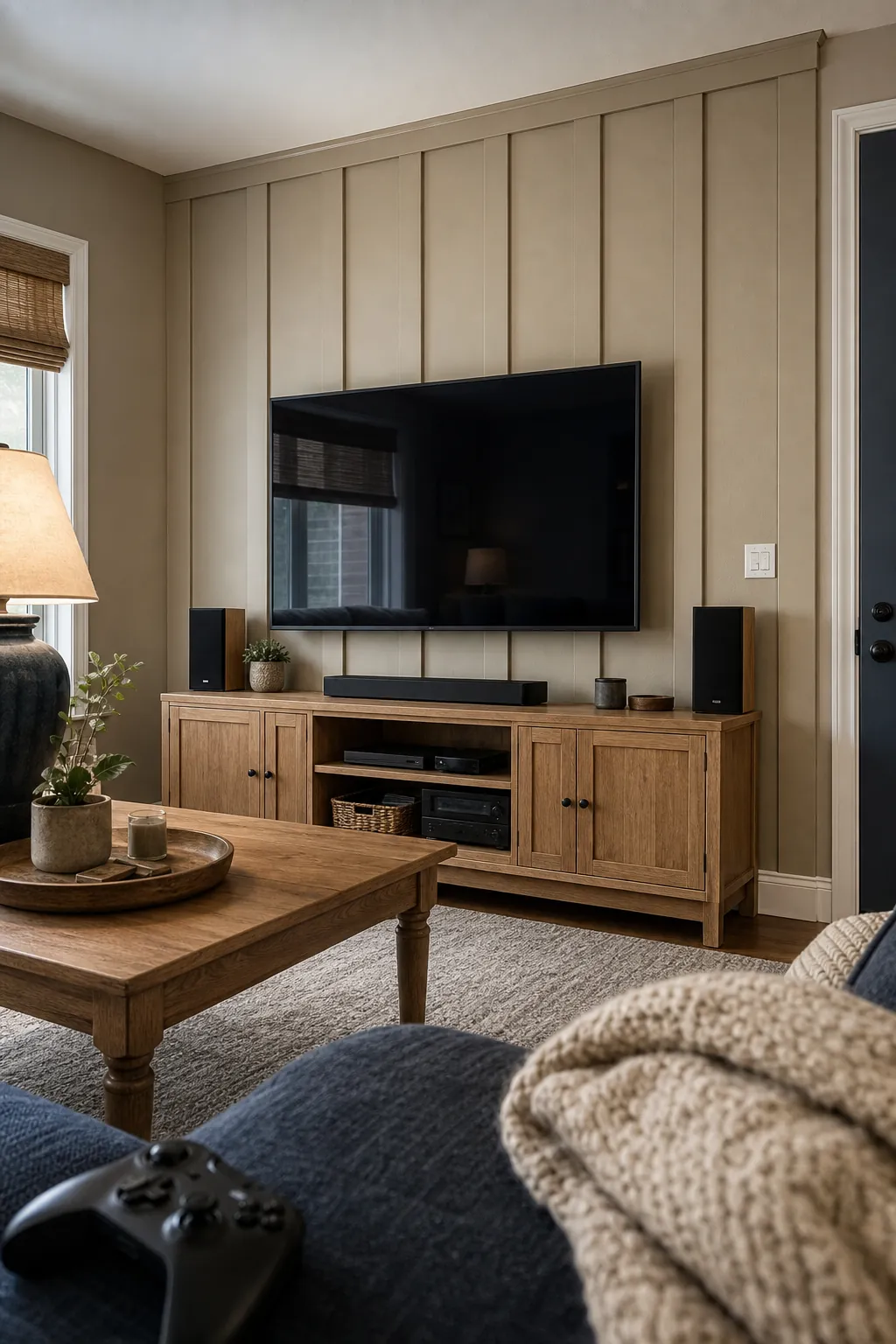 Khaki Beige TV Wall beige board and batten interior idea