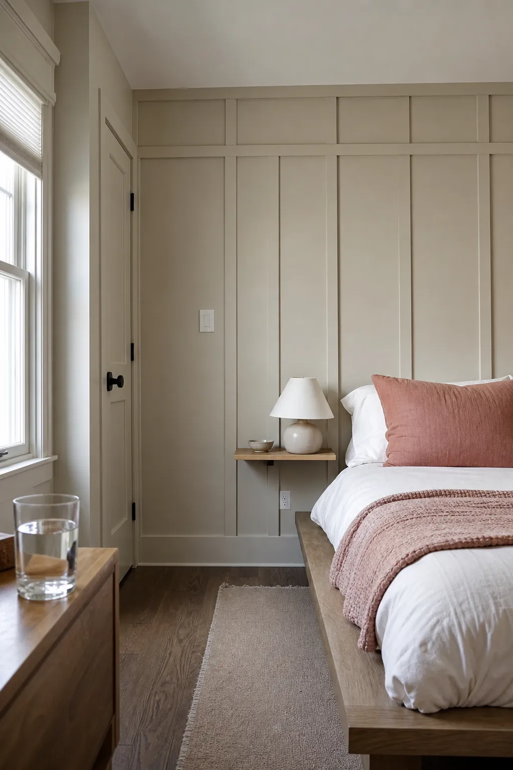 Dune Beige Minimalist Bedroom beige board and batten interior idea