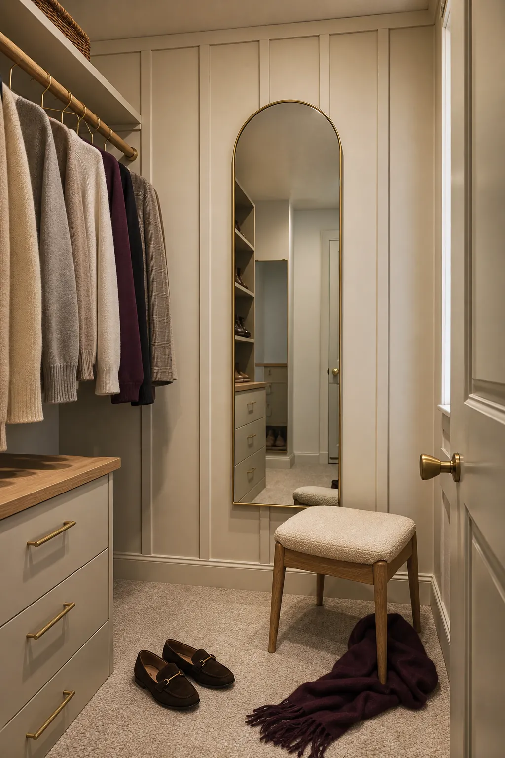 Cashmere Beige Dressing Room beige board and batten interior idea