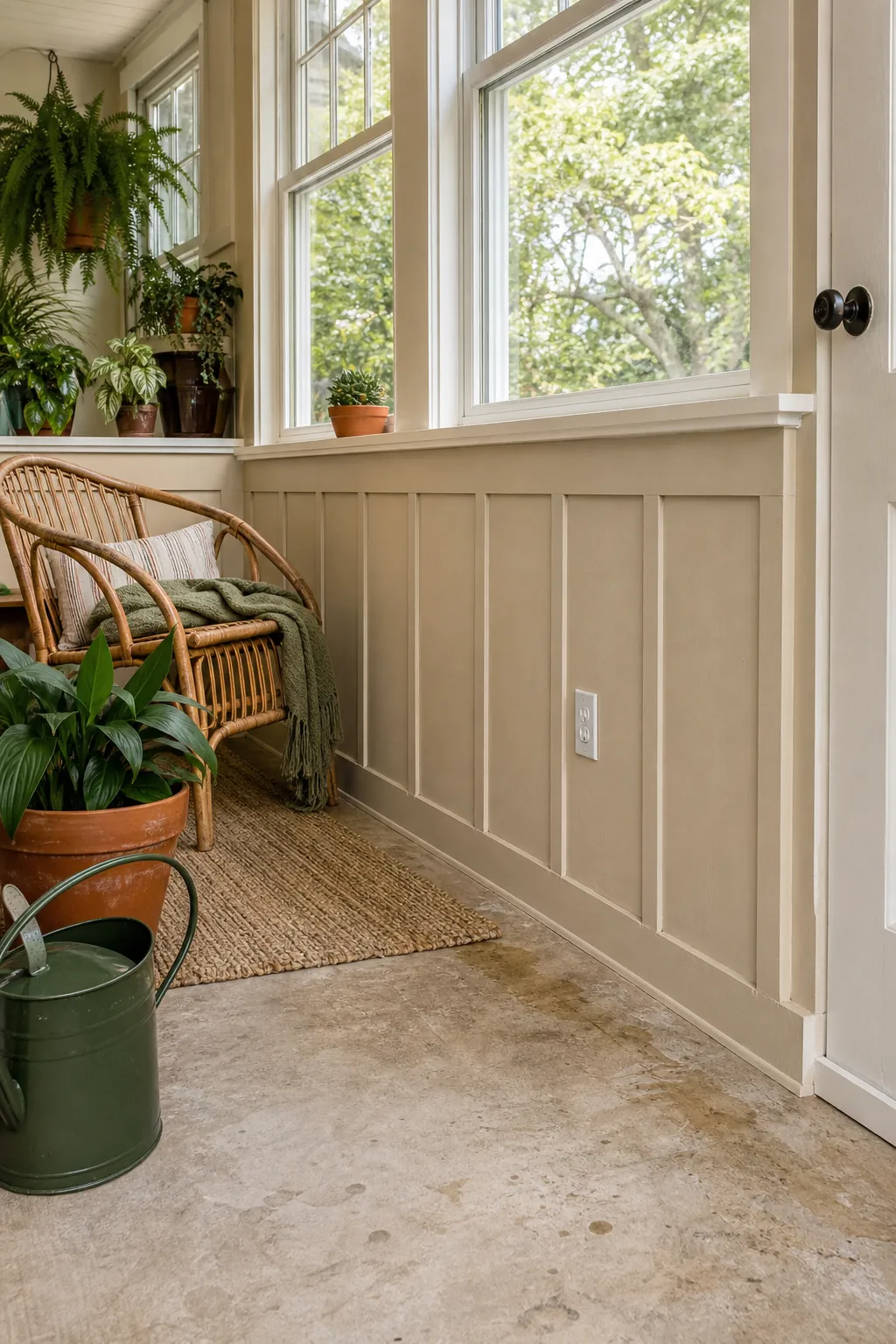 Wheat Beige Sunroom beige board and batten interior idea
