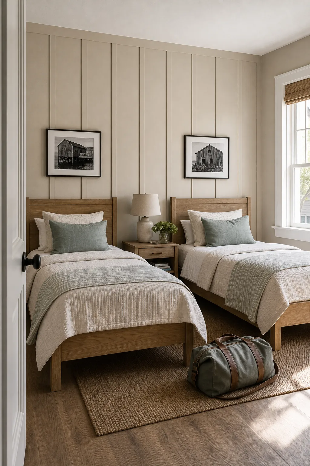 Driftwood Beige Coastal Bedroom beige board and batten interior idea