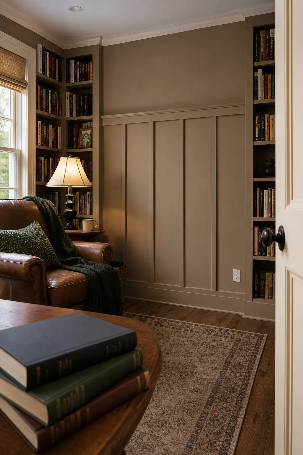 Mocha Beige Library Wall beige board and batten interior idea