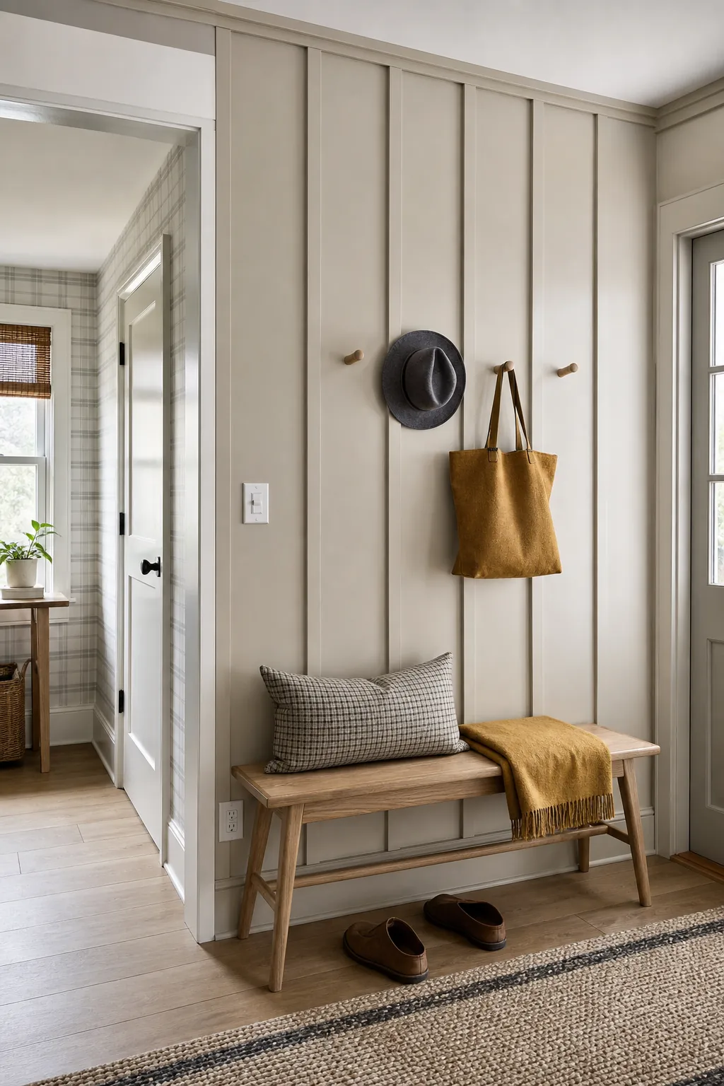 Natural Beige Scandinavian Entry beige board and batten interior idea