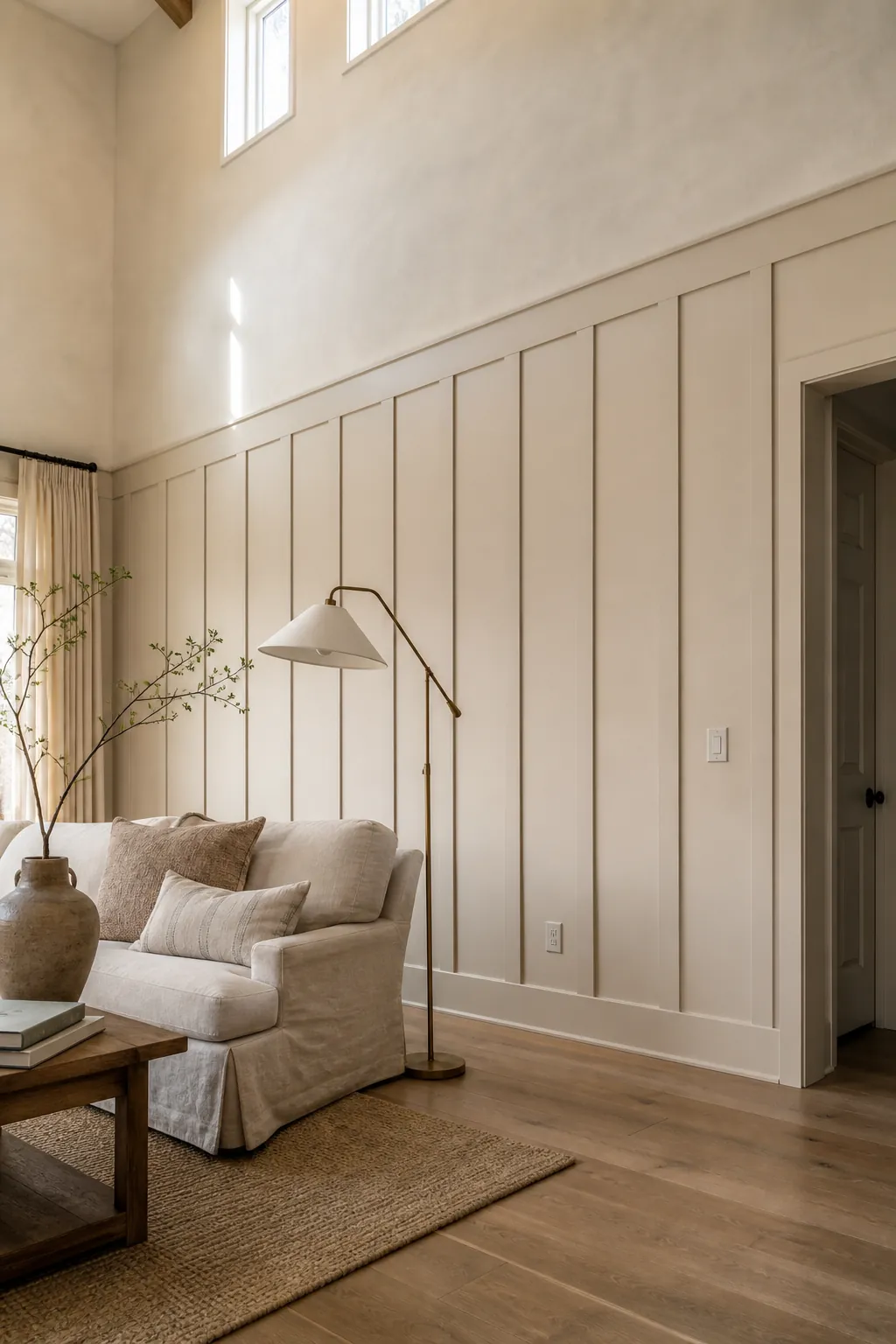 Two-Tone Beige Tall Paneling beige board and batten interior idea