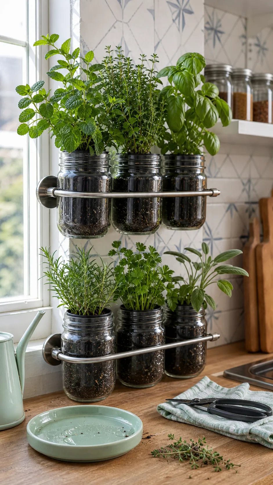 Mason Jar Nursery-Pot Rail DIY herb garden idea