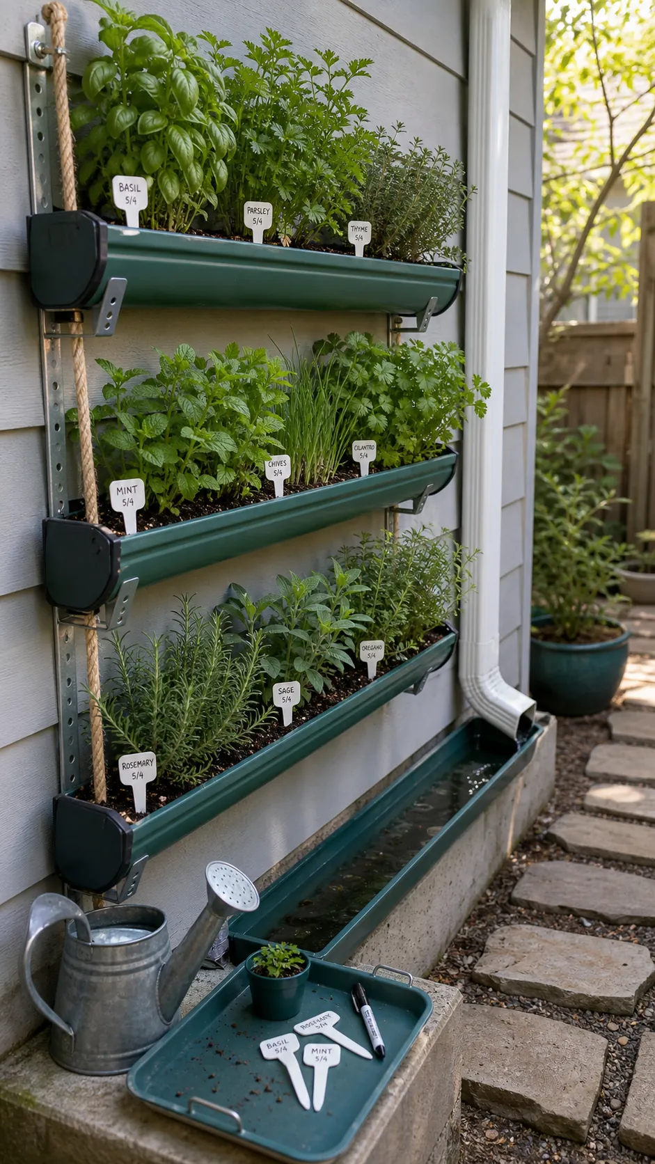 Hanging Rain-Gutter Rows DIY herb garden idea