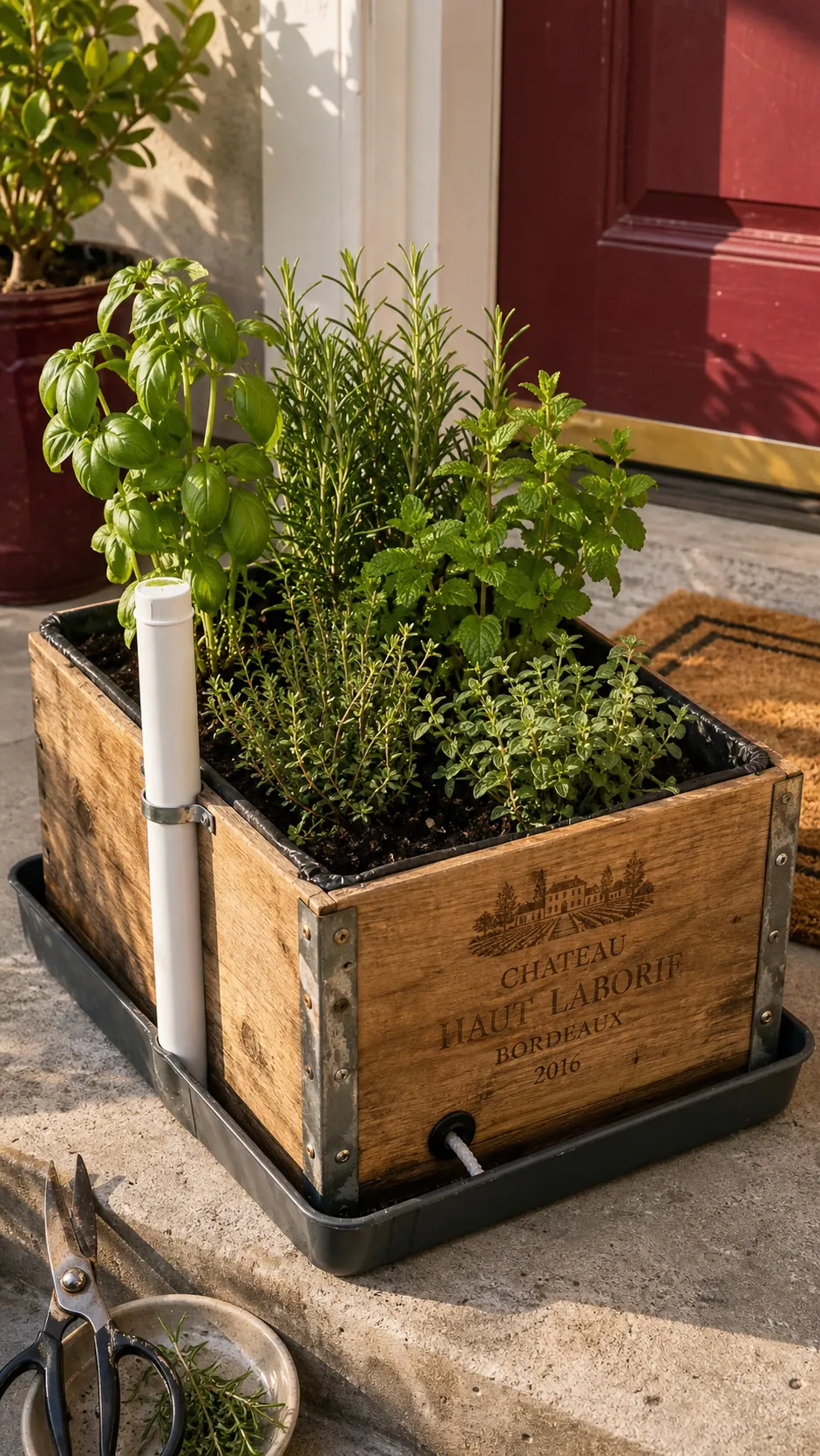 Self-Watering Wine Crate DIY herb garden idea
