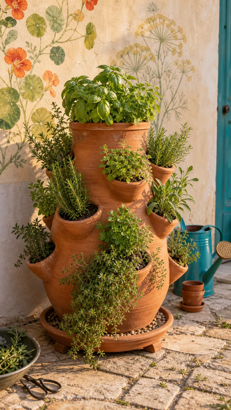 Stacked Strawberry-Pot Herbs DIY herb garden idea