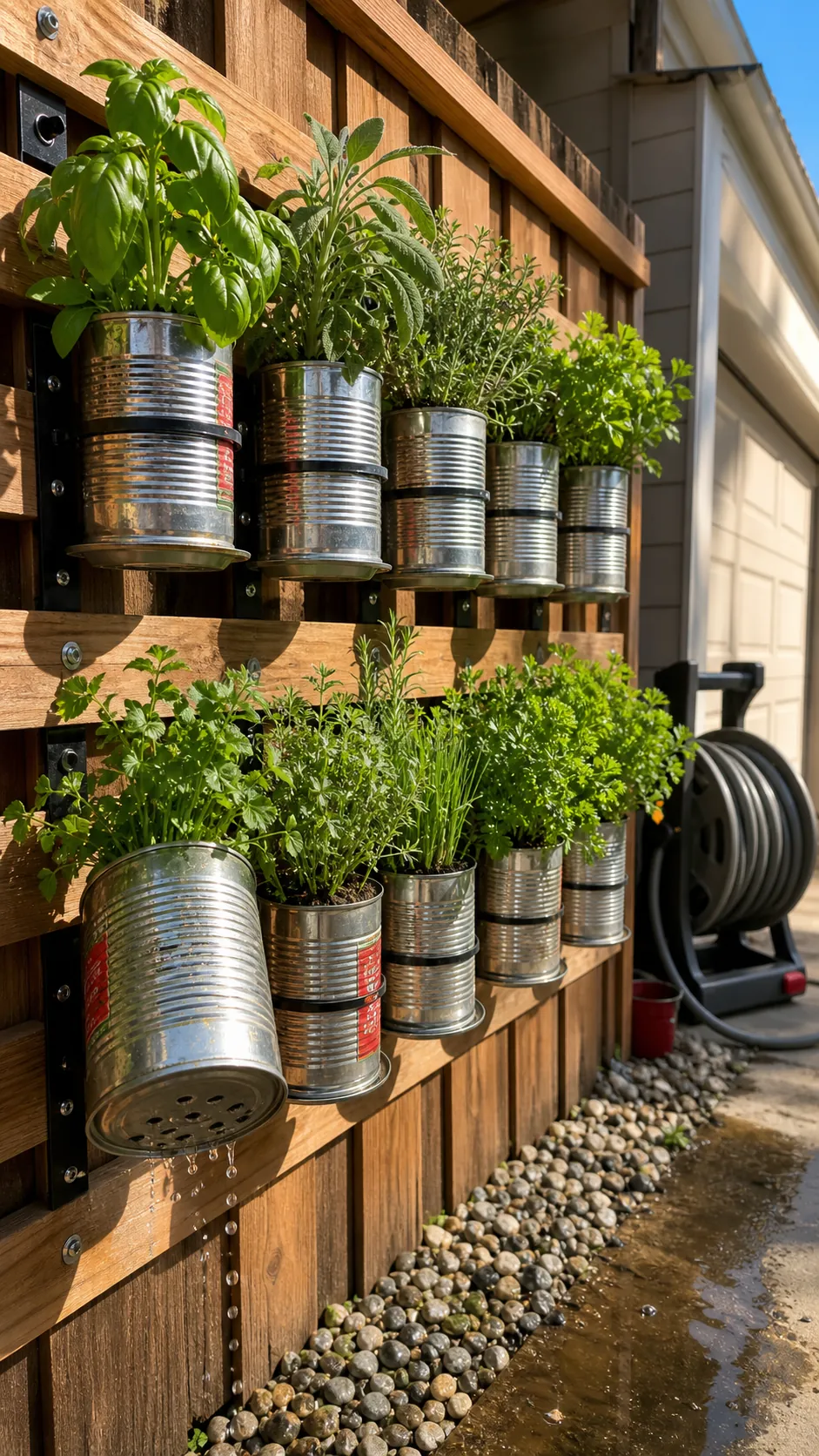 Fence-Mounted Can Planters DIY herb garden idea